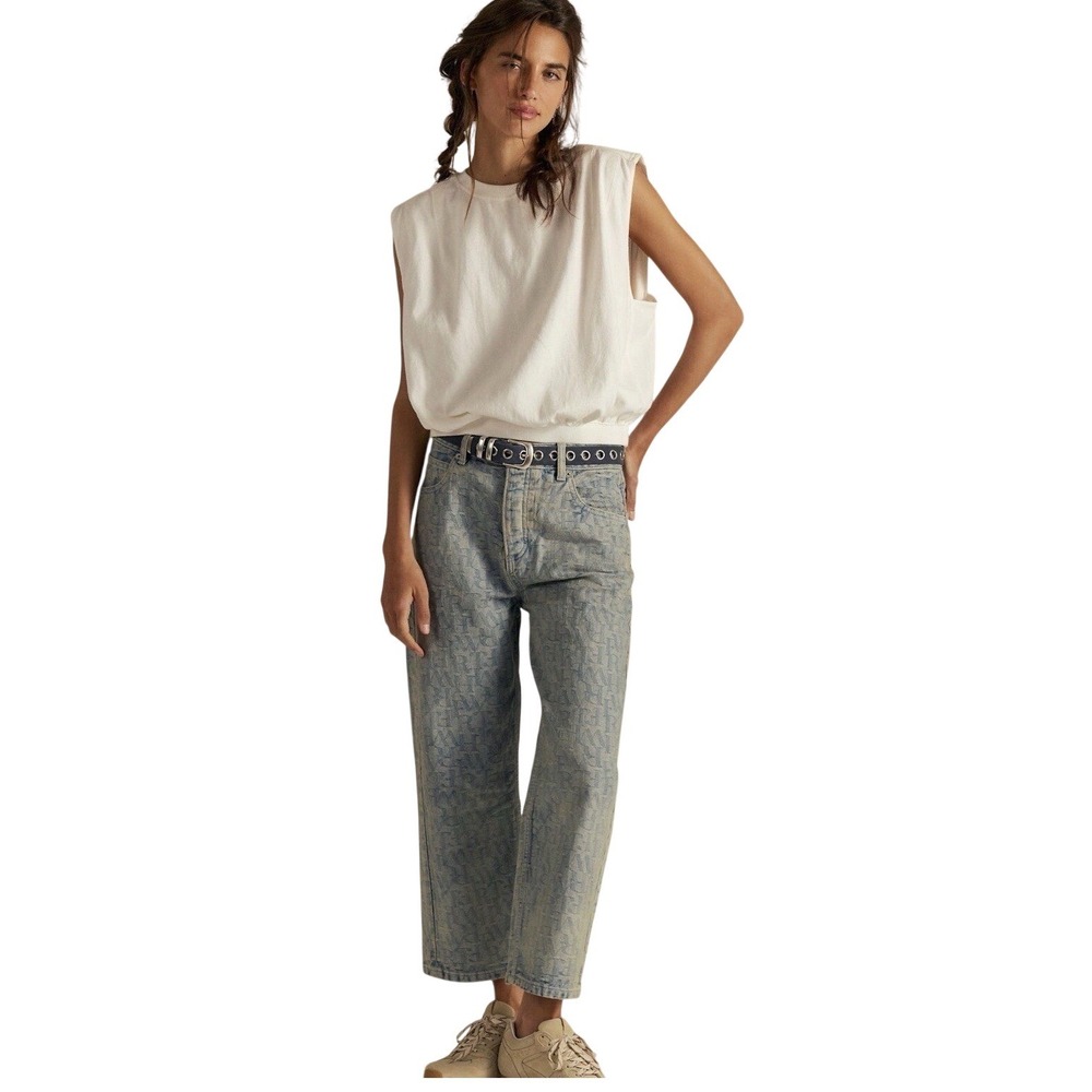 We The Free Deep Trance Dropped Boyfriend Jacquard Letter Jeans Size 32 NWT